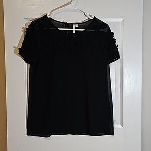 Bellatrix Black 3D Flower Top Sheer Short Sleeve Blouse Round Neck Shirt Size S
